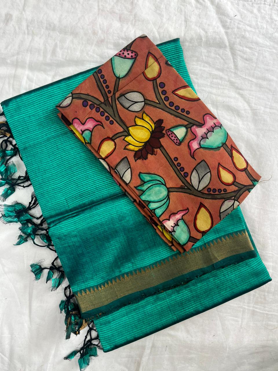 Peach Handloom Mangalagiri Pattu  with a Pen Kalamkari Blouse  Cotton Saree